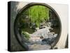 Zig Zag Stone Bridge and Willow Trees Through Moon Gate, Chinese garden, China-Keren Su-Stretched Canvas