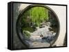 Zig Zag Stone Bridge and Willow Trees Through Moon Gate, Chinese garden, China-Keren Su-Framed Stretched Canvas