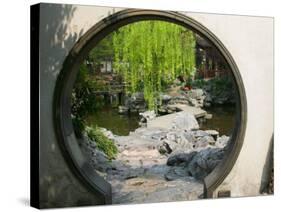 Zig Zag Stone Bridge and Willow Trees Through Moon Gate, Chinese garden, China-Keren Su-Stretched Canvas