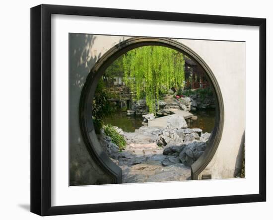 Zig Zag Stone Bridge and Willow Trees Through Moon Gate, Chinese garden, China-Keren Su-Framed Premium Photographic Print