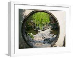 Zig Zag Stone Bridge and Willow Trees Through Moon Gate, Chinese garden, China-Keren Su-Framed Premium Photographic Print