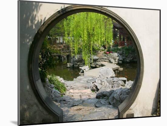Zig Zag Stone Bridge and Willow Trees Through Moon Gate, Chinese garden, China-Keren Su-Mounted Premium Photographic Print