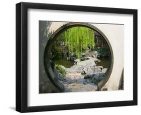 Zig Zag Stone Bridge and Willow Trees Through Moon Gate, Chinese garden, China-Keren Su-Framed Photographic Print
