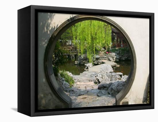 Zig Zag Stone Bridge and Willow Trees Through Moon Gate, Chinese garden, China-Keren Su-Framed Stretched Canvas