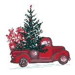 Festive New Year 2018 Card. Red Truck with Fir Tree Decorated Red Balls Isolated on White Backgroun-Zinaida Zaiko-Art Print