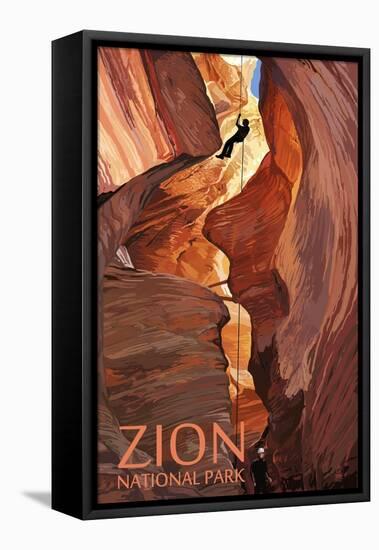 Zion National Park - Canyoneering Scene-Lantern Press-Framed Stretched Canvas