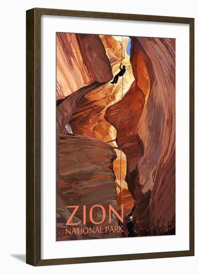 Zion National Park - Canyoneering Scene-Lantern Press-Framed Art Print