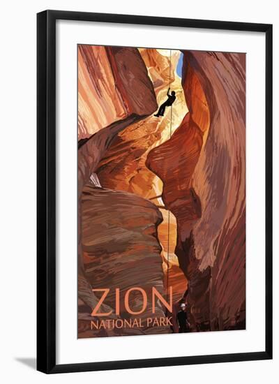 Zion National Park - Canyoneering Scene-Lantern Press-Framed Art Print