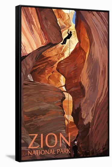 Zion National Park - Canyoneering Scene-Lantern Press-Framed Stretched Canvas