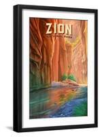 Zion National Park, Utah - The Narrows - Oil Painting - Lantern Press Artwork-Lantern Press-Framed Art Print