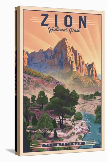 Zion National Park, Utah - The Watchman - Lithograph National Park Series - Lantern Press Artwork-Lantern Press-Stretched Canvas