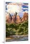 Zion National Park - Virgin River and Peaks-Lantern Press-Framed Art Print