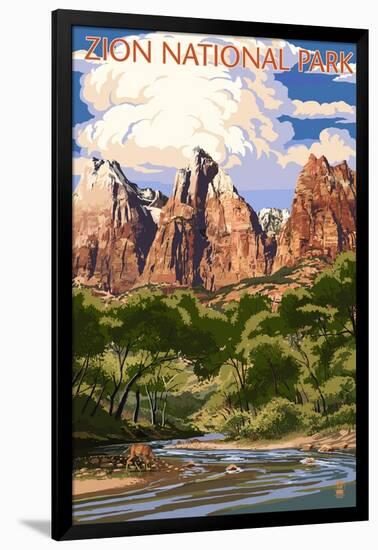 Zion National Park - Virgin River and Peaks-Lantern Press-Framed Art Print