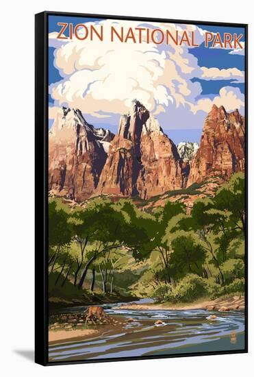 Zion National Park - Virgin River and Peaks-Lantern Press-Framed Stretched Canvas