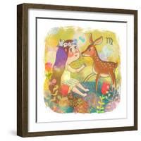 Zodiac Sign - Virgo. Part of a Large Colorful Cartoon Calendar. Cute Girl and Fawn in Flowers. Brig-smilewithjul-Framed Art Print