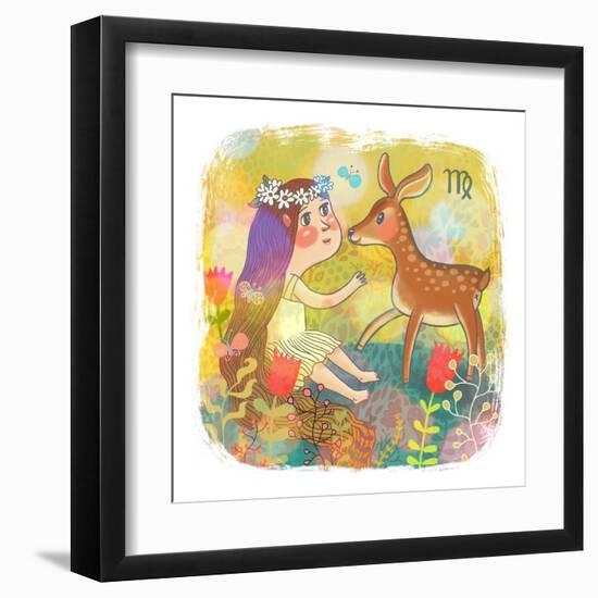 Zodiac Sign - Virgo. Part of a Large Colorful Cartoon Calendar. Cute Girl and Fawn in Flowers. Brig-smilewithjul-Framed Art Print