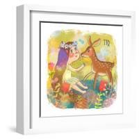 Zodiac Sign - Virgo. Part of a Large Colorful Cartoon Calendar. Cute Girl and Fawn in Flowers. Brig-smilewithjul-Framed Art Print