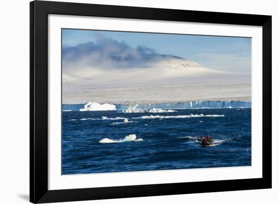 Zodiac with tourists cruising through the icebergs, Brown Bluff, Tabarin Peninsula, Antarctica, Pol-Michael Runkel-Framed Photographic Print