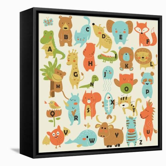 Zoo Alphabet with Cute Animals in Cartoon Style.-Kaliaha Volha-Framed Stretched Canvas