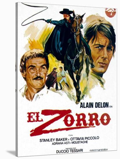 Zorro, (AKA El Zorro), Right: Alain Delon on Spanish Poster Art, 1975.-null-Stretched Canvas