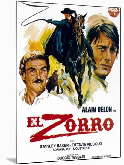 Zorro, (AKA El Zorro), Right: Alain Delon on Spanish Poster Art, 1975.-null-Mounted Art Print