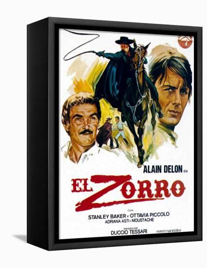 Zorro, (AKA El Zorro), Right: Alain Delon on Spanish Poster Art, 1975.-null-Framed Stretched Canvas