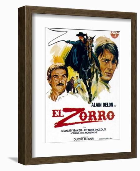 Zorro, (AKA El Zorro), Right: Alain Delon on Spanish Poster Art, 1975.-null-Framed Art Print