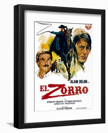 Zorro, (AKA El Zorro), Right: Alain Delon on Spanish Poster Art, 1975.-null-Framed Art Print