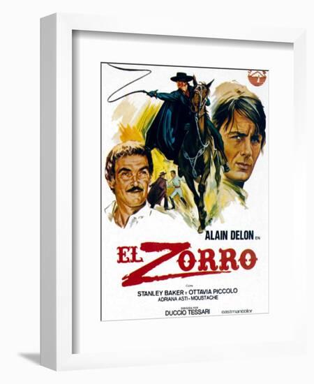 Zorro, (AKA El Zorro), Right: Alain Delon on Spanish Poster Art, 1975.-null-Framed Art Print