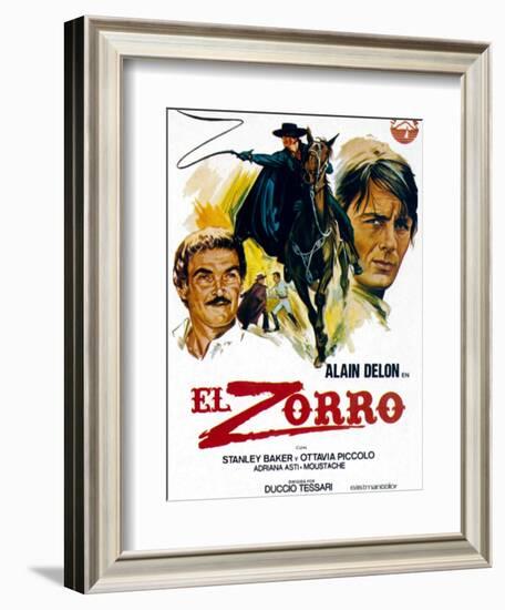 Zorro, (AKA El Zorro), Right: Alain Delon on Spanish Poster Art, 1975.-null-Framed Art Print