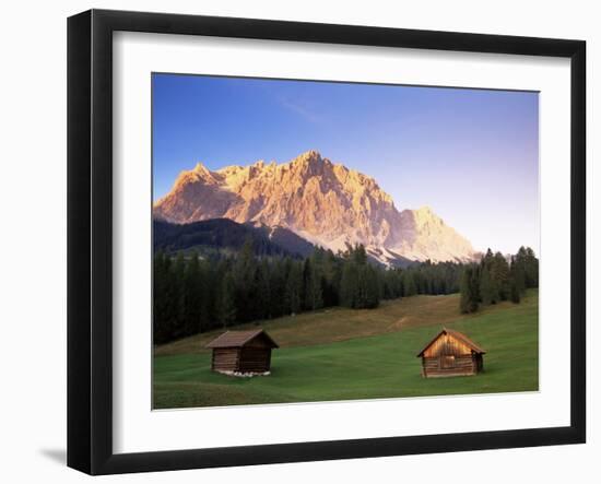 Zugspitze and Barns at Dusk, Wetterstein, Austrian Alps, Austria, Europe-Jochen Schlenker-Framed Photographic Print