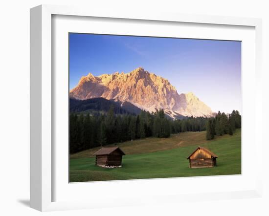 Zugspitze and Barns at Dusk, Wetterstein, Austrian Alps, Austria, Europe-Jochen Schlenker-Framed Photographic Print