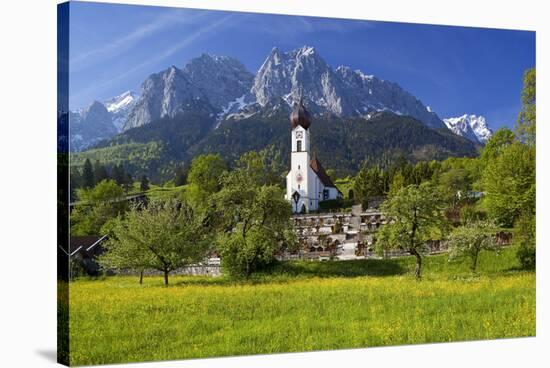 Zugspitze Village Grainau with Catholic Parish Church and Zugspitze Mountains, Germany-null-Stretched Canvas