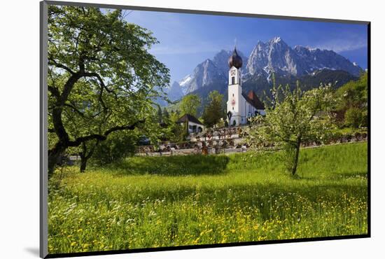 Zugspitze Village Grainau with Catholic Parish Church and Zugspitze Mountains, Germany-null-Mounted Art Print