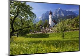 Zugspitze Village Grainau with Catholic Parish Church and Zugspitze Mountains, Germany-null-Mounted Art Print