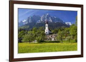 Zugspitze Village Grainau with Catholic Parish Church and Zugspitze Mountains, Germany-null-Framed Art Print