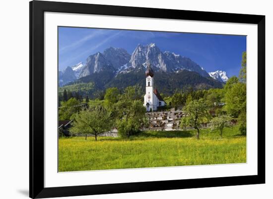 Zugspitze Village Grainau with Catholic Parish Church and Zugspitze Mountains, Germany-null-Framed Art Print