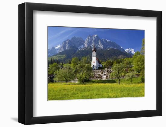 Zugspitze Village Grainau with Catholic Parish Church and Zugspitze Mountains, Germany-null-Framed Art Print