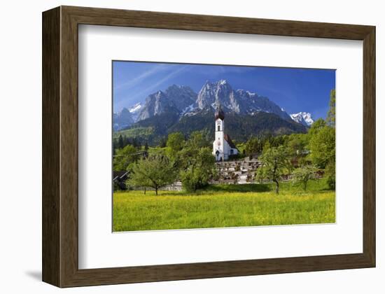 Zugspitze Village Grainau with Catholic Parish Church and Zugspitze Mountains, Germany-null-Framed Art Print