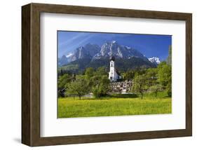 Zugspitze Village Grainau with Catholic Parish Church and Zugspitze Mountains, Germany-null-Framed Art Print