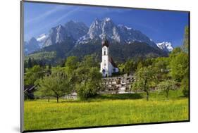 Zugspitze Village Grainau with Catholic Parish Church and Zugspitze Mountains, Germany-null-Mounted Art Print