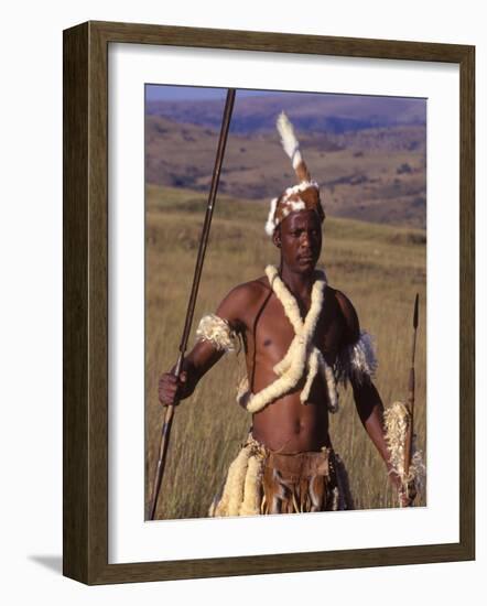 Zulu Warrior in Traditional Dress with Fighting Spear-John Warburton-lee-Framed Photographic Print