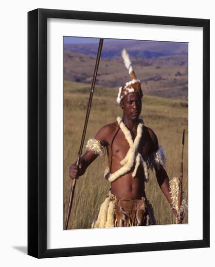 Zulu Warrior in Traditional Dress with Fighting Spear-John Warburton-lee-Framed Photographic Print
