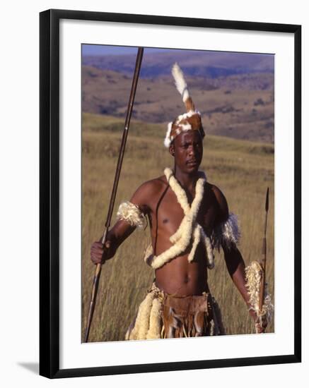 Zulu Warrior in Traditional Dress with Fighting Spear-John Warburton-lee-Framed Photographic Print