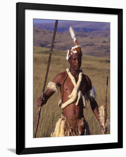 Zulu Warrior in Traditional Dress with Fighting Spear-John Warburton-lee-Framed Photographic Print