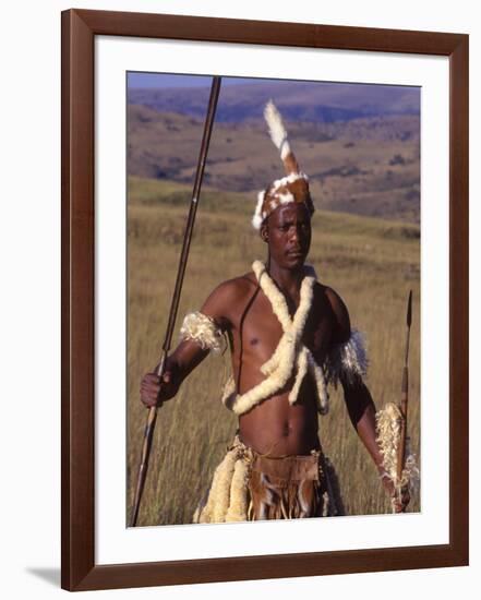 Zulu Warrior in Traditional Dress with Fighting Spear-John Warburton-lee-Framed Photographic Print