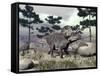 Zuniceratops Dinosaur Walking on a Hill with Large Rocks and Pine Trees-null-Framed Stretched Canvas