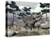 Zuniceratops Dinosaur Walking on a Hill with Large Rocks and Pine Trees-null-Stretched Canvas