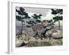 Zuniceratops Dinosaur Walking on a Hill with Large Rocks and Pine Trees-null-Framed Art Print