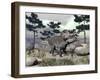 Zuniceratops Dinosaur Walking on a Hill with Large Rocks and Pine Trees-null-Framed Art Print